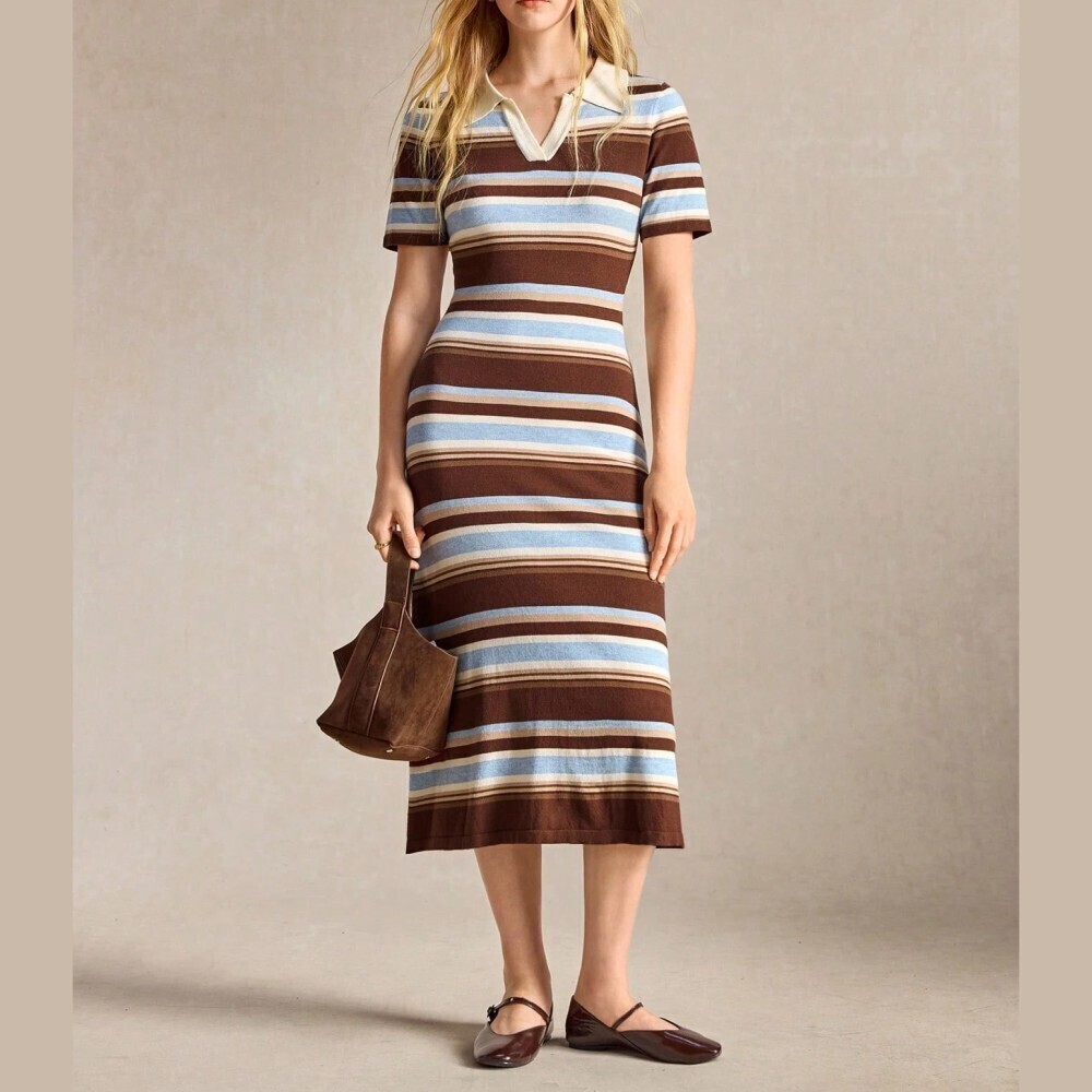 Brown Blue Striped Knit Collared Midi Sweater Dress